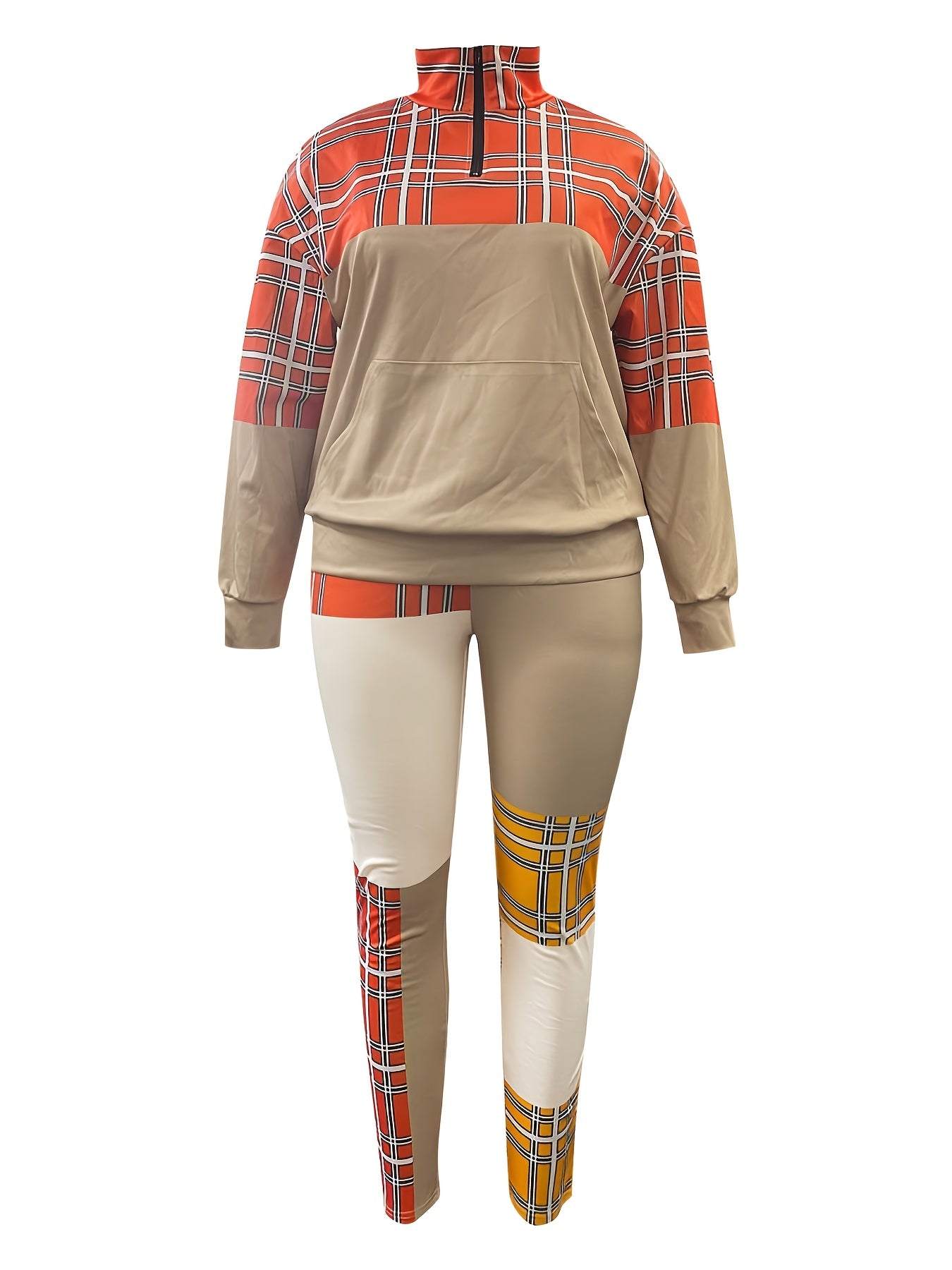 Colorblock Plaid Print Top & Pants Set