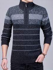 Elastic Striped Pattern Zip Neck Sweater for Men