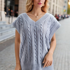 Casual Sweater Vest Women's Solid Cable V Neck Knit Vest