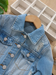 Girls Ripped Denim Jacket Button Down Long Sleeve Coat