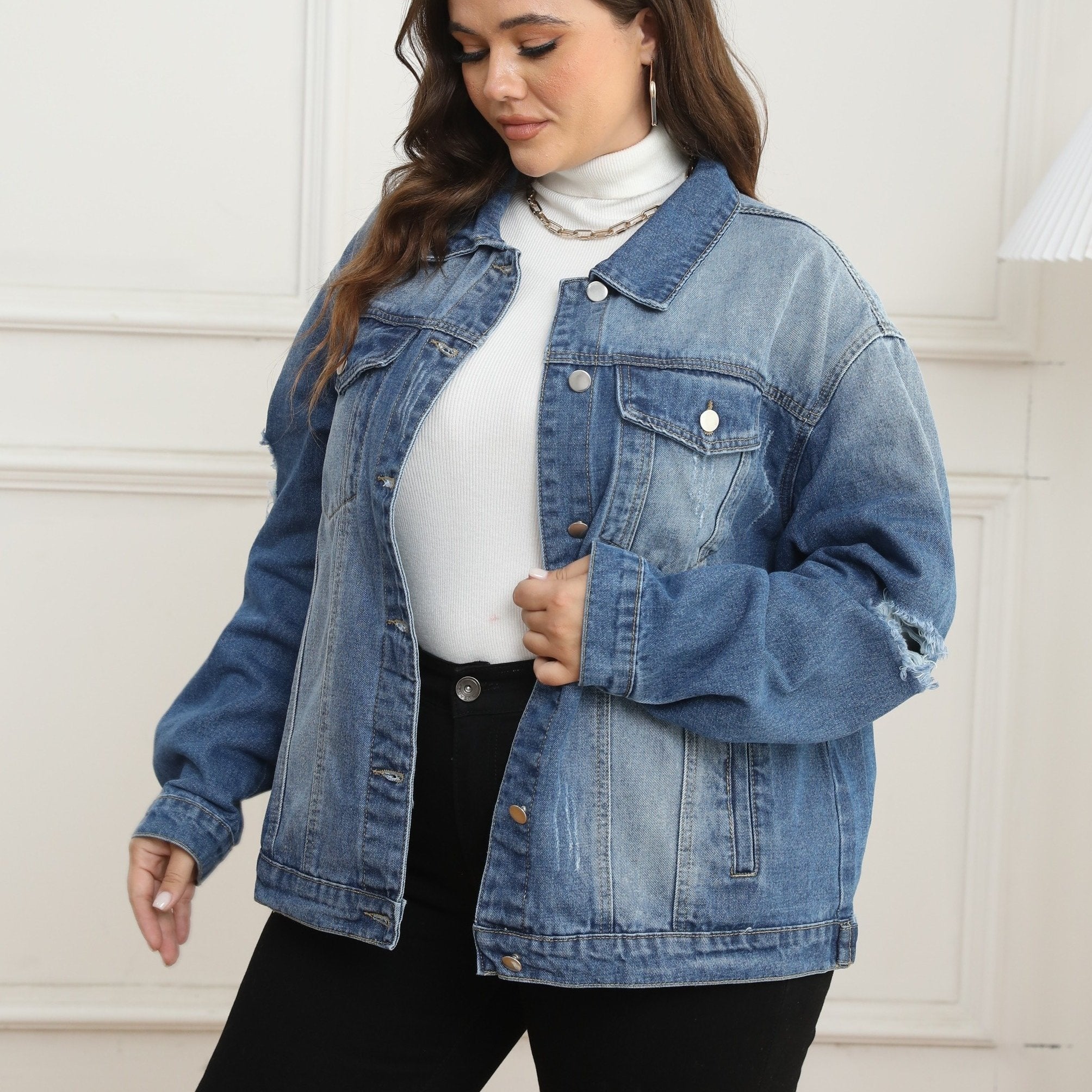 Casual Denim Jacket Women's Plus Washed Ripped Button Up Long Sleeve