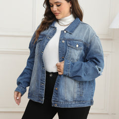 Casual Denim Jacket Women's Plus Washed Ripped Button Up Long Sleeve