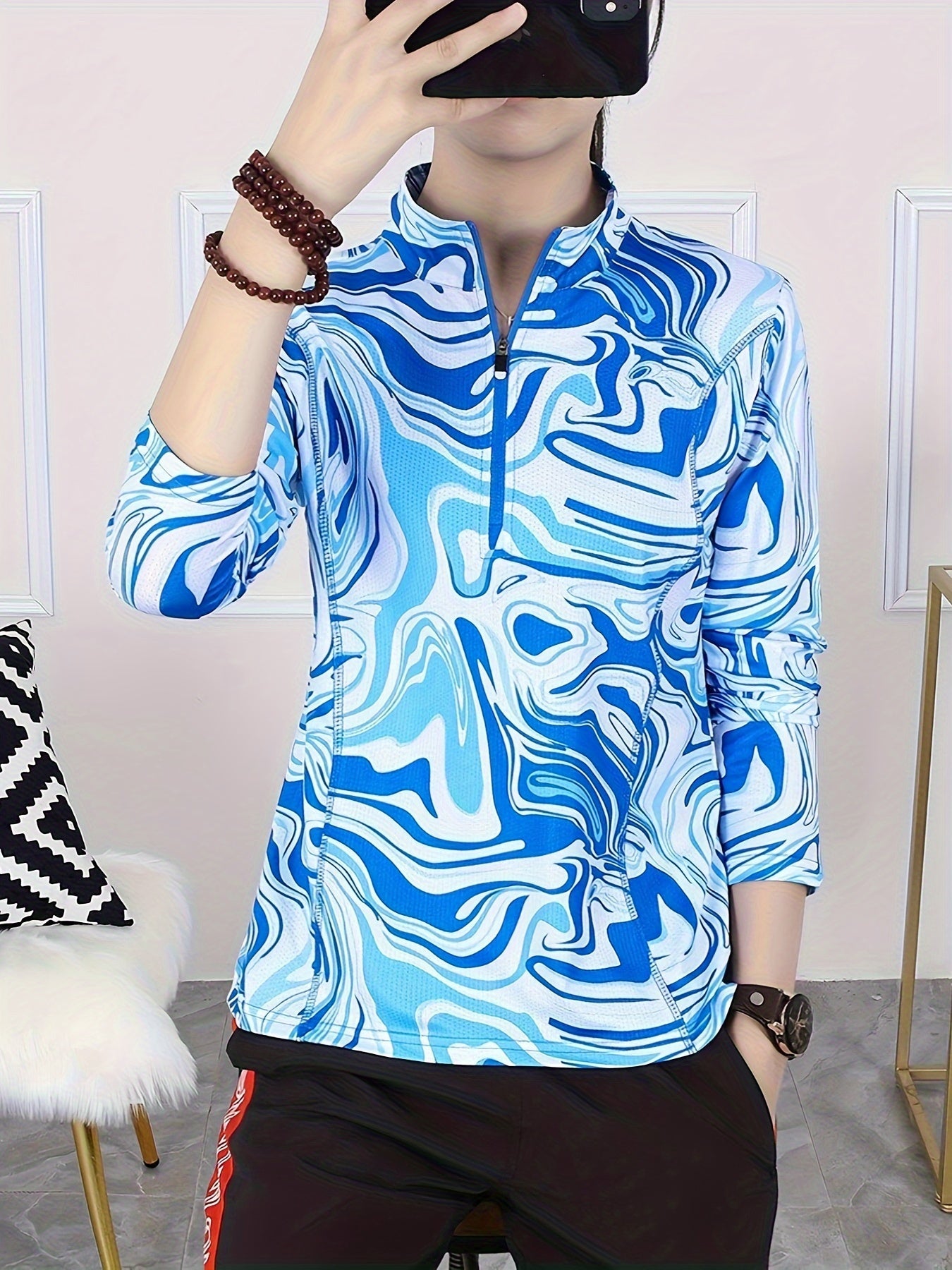 Striped Print Long Sleeves Sports Tee Quick Dry Half Zipper Mock Neck