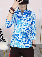 Striped Print Long Sleeves Sports Tee Quick Dry Half Zipper Mock Neck