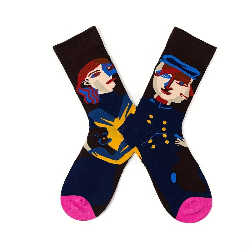 4 Pairs Portrait Print Socks Women's Mid Tube Stockings