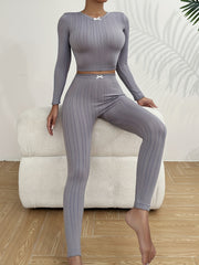 Solid Textured Pajama Set Long Sleeve Crew Neck Top & Stretchy Pants