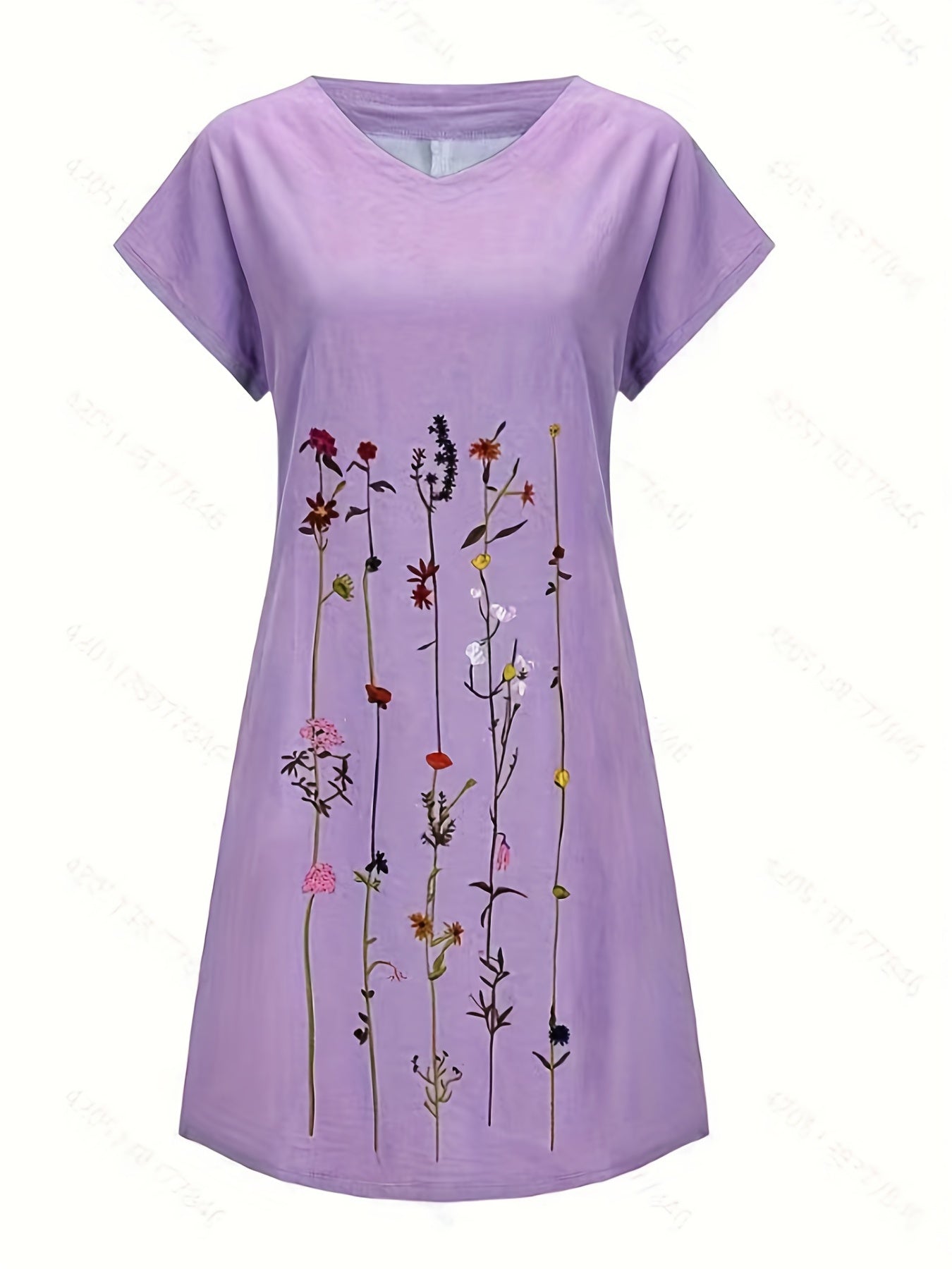 Floral Print V Neck Dress Short Sleeve for Spring & Summer
