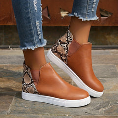 Women's Snakeskin Pattern Short Boots Stretch Fabric Sided Boots