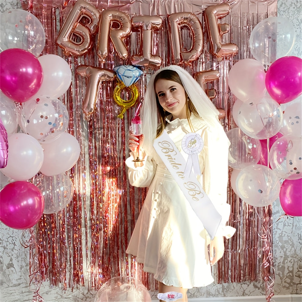 4pcs Bridal Veil Set with Golden Embroidery & Accessories