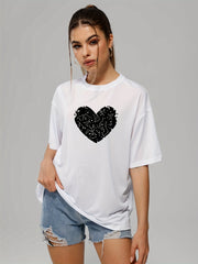 Short Sleeve Sports T-shirt Crew Neck Heart Print Women's Tee
