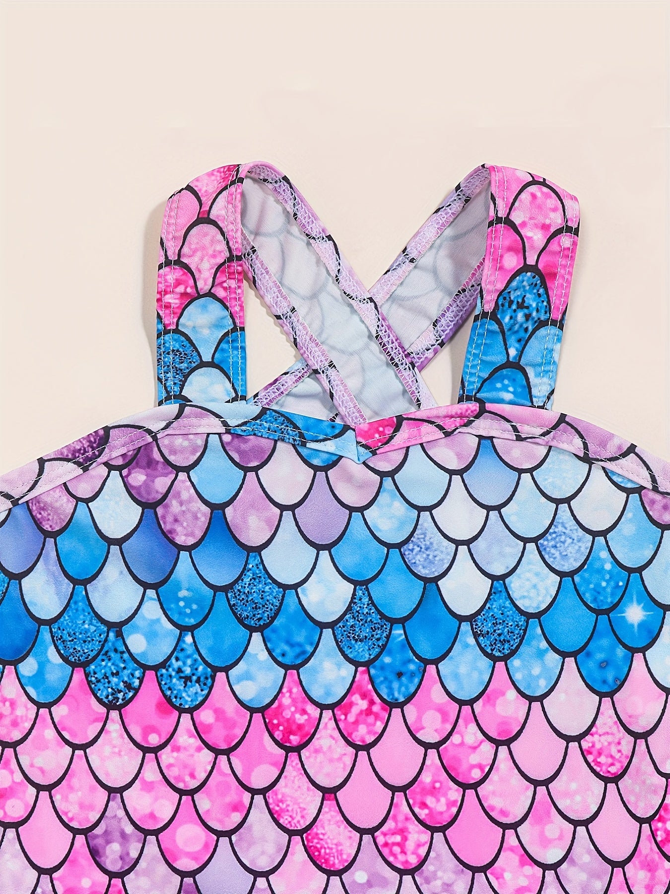 Girls One Piece Swimsuit Fish Scale Print Cross Strap Dress