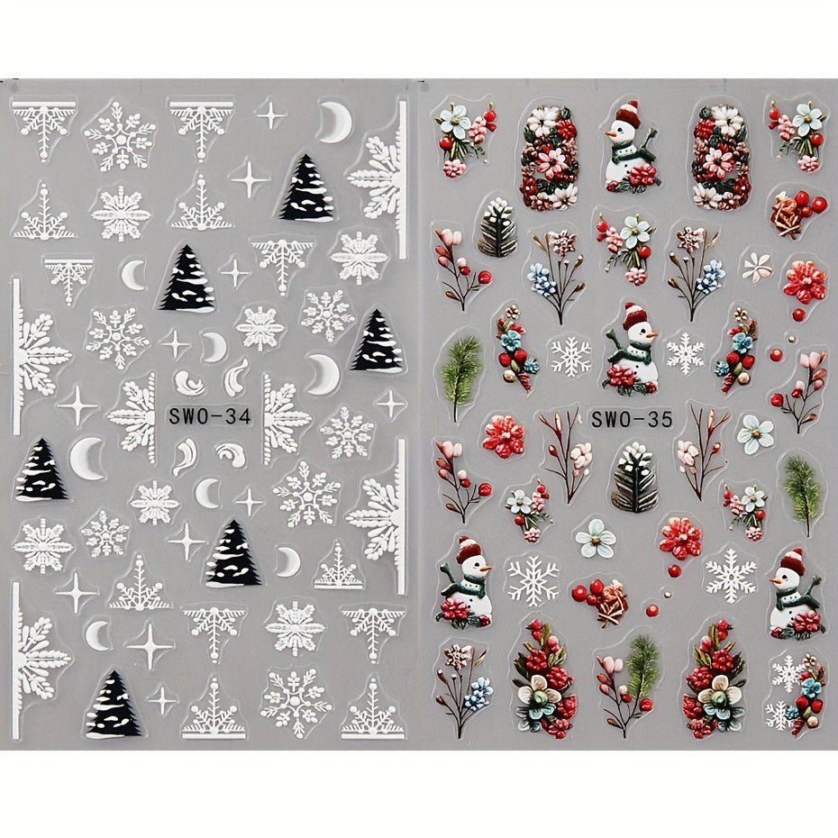 2pcs Christmas Nail Art Stickers 3D Snowman Snowflake Self Adhesive