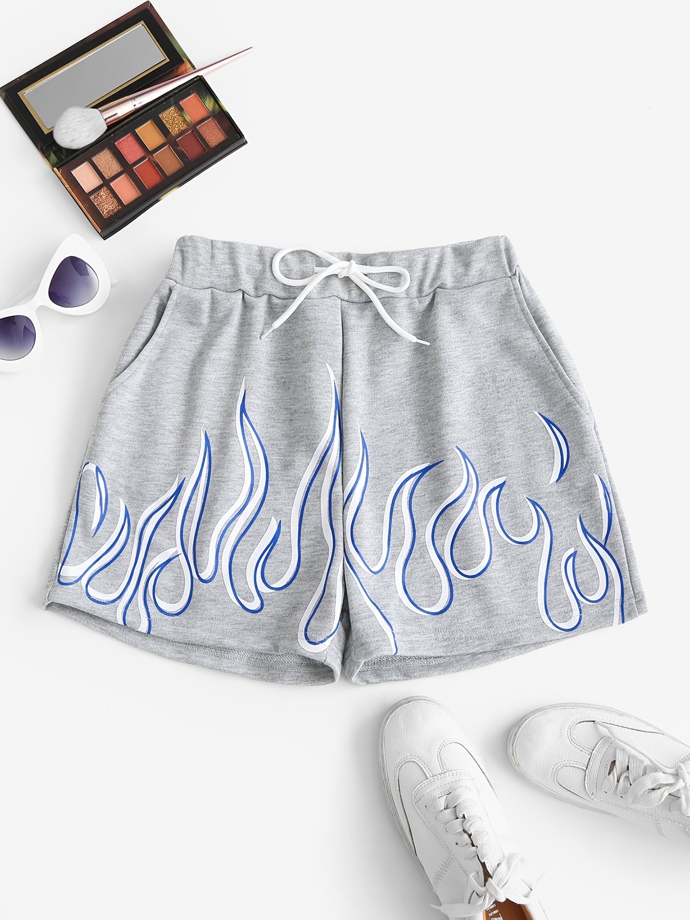 Flame Print Drawstring Shorts Elastic Waist Casual Summer Clothing