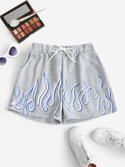 Flame Print Drawstring Shorts Elastic Waist Casual Summer Clothing