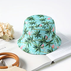 Flamingo Coconut Tree Bucket Hat Lake Cartoon Print Fisherman Cap