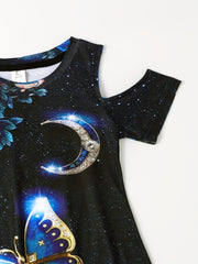 Girls 3D Butterfly Cold Shoulder Dress for Summer Party