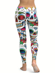 Skull & Flower Print Yoga Sports Pants Halloween Fitness Leggings