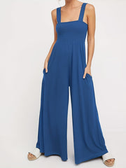 Sleeveless Shirred Cami Jumpsuit Wide Leg High Waist