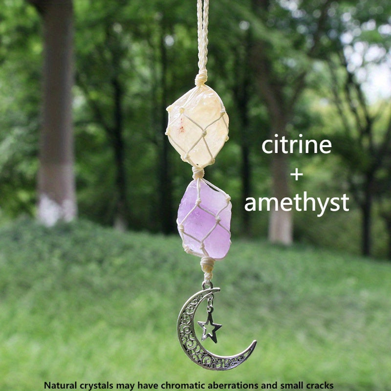 Natural Crystal Raw Hanging Car Charm - Star Moon Charm Rearview Mirror Decor