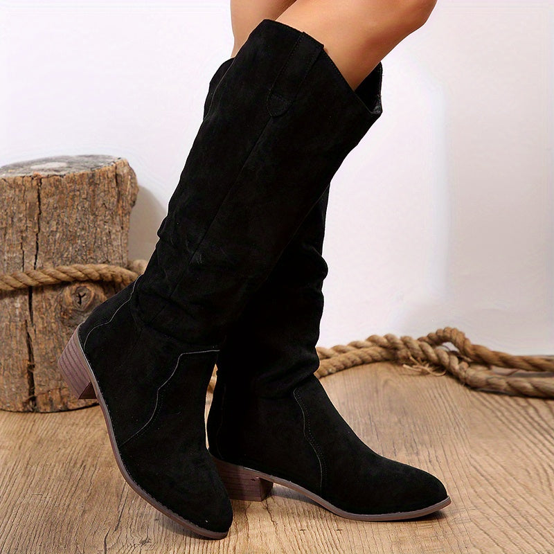Women's V Mouth Slip On Boots Pointed Toe Faux Leather Knight Boots