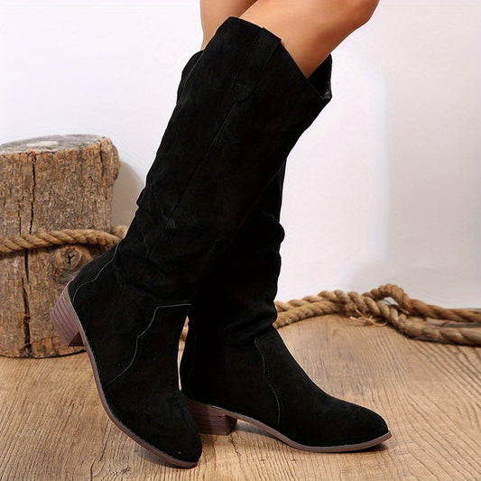 Women's V Mouth Slip On Boots Pointed Toe Faux Leather Knight Boots