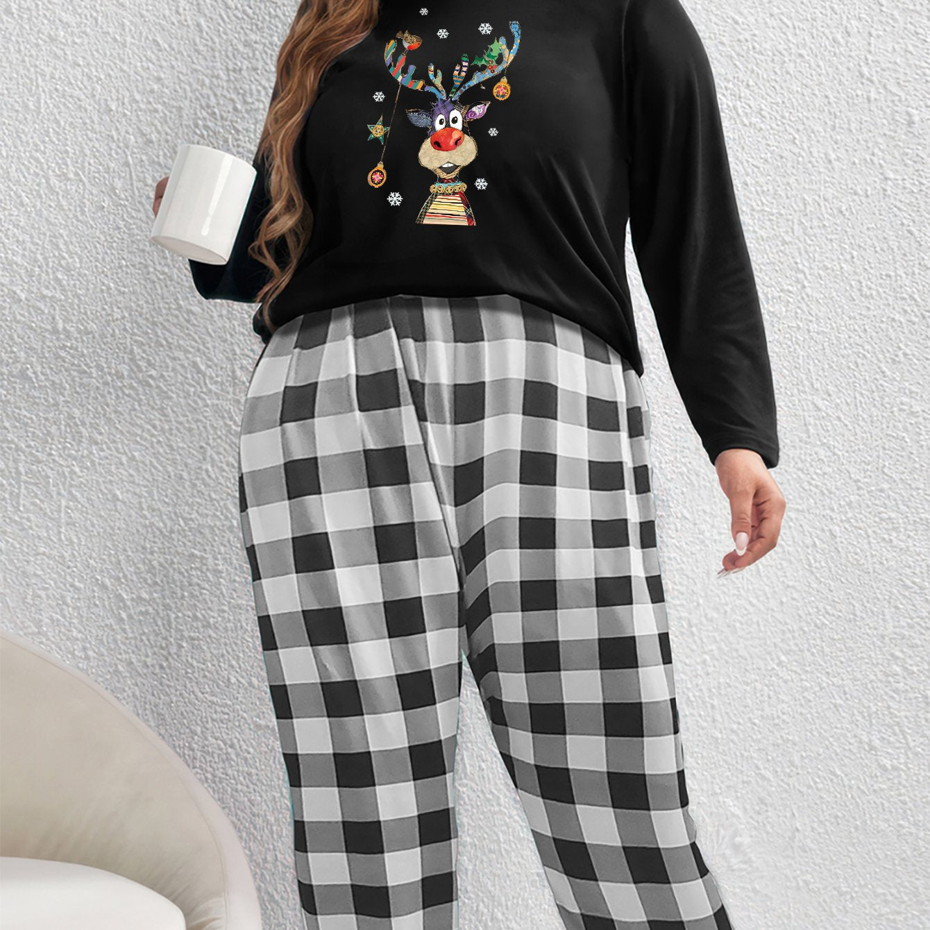 Christmas Pajama Set: Deer & Snowflake Print Tee & Plaid Pants