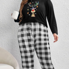 Christmas Pajama Set: Deer & Snowflake Print Tee & Plaid Pants