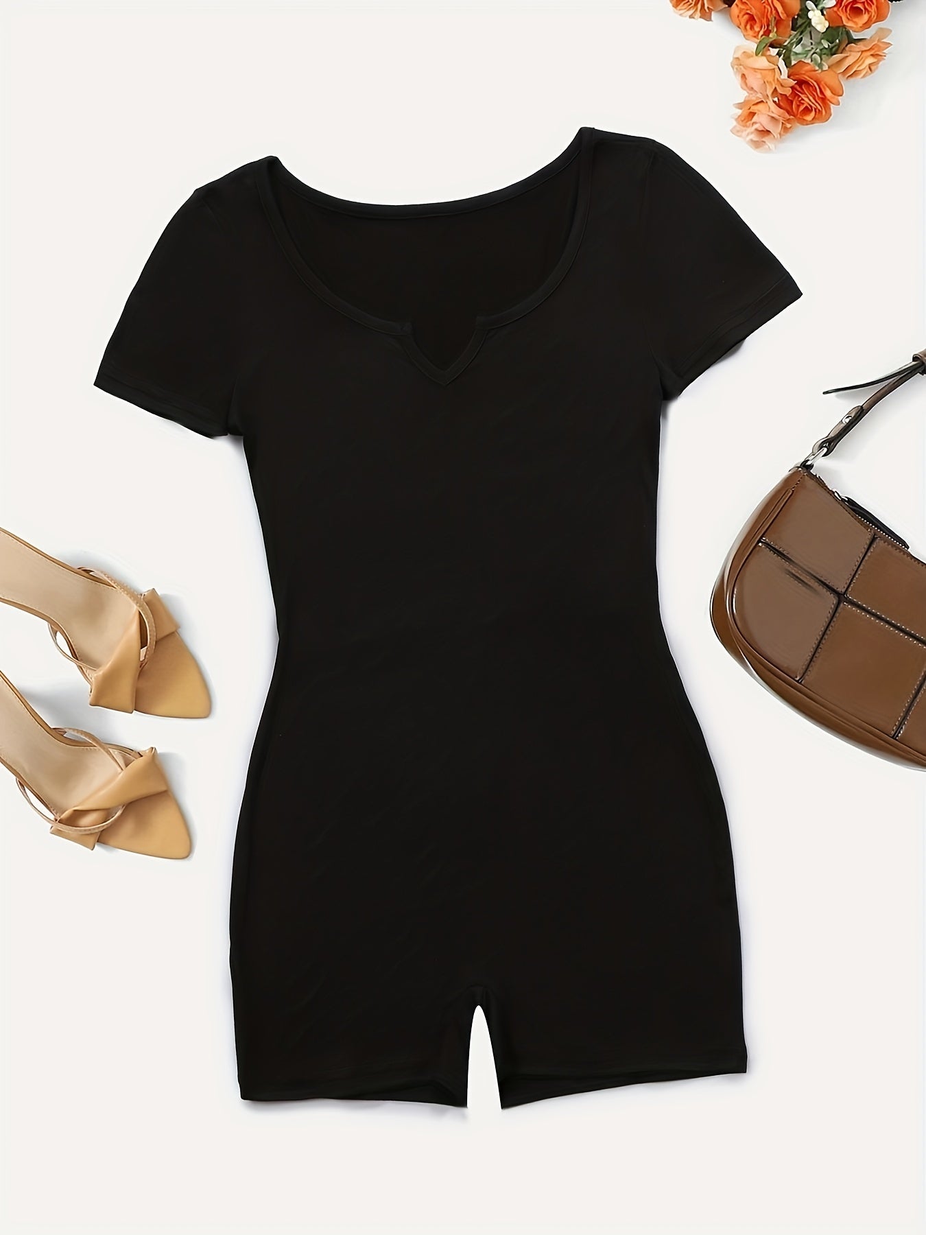 Notched Neck Slim Romper Jumpsuit Short Sleeve Casual