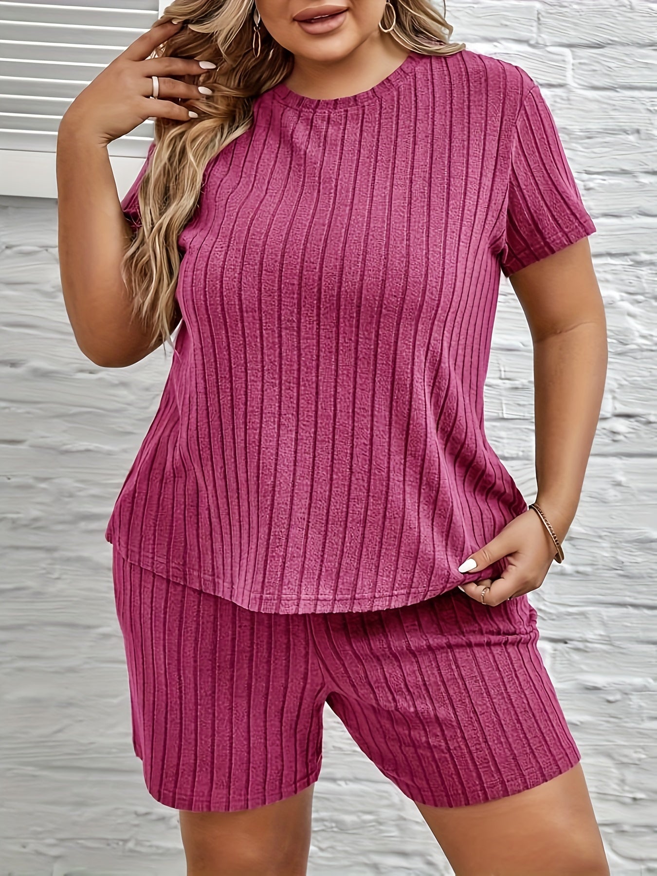 Ribbed Knit Lounge Set Short Sleeve Top & Shorts Pajama