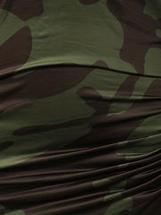 Camo Long Sleeve Round Neck Side Tie Ruched Split Bodycon Midi Dress