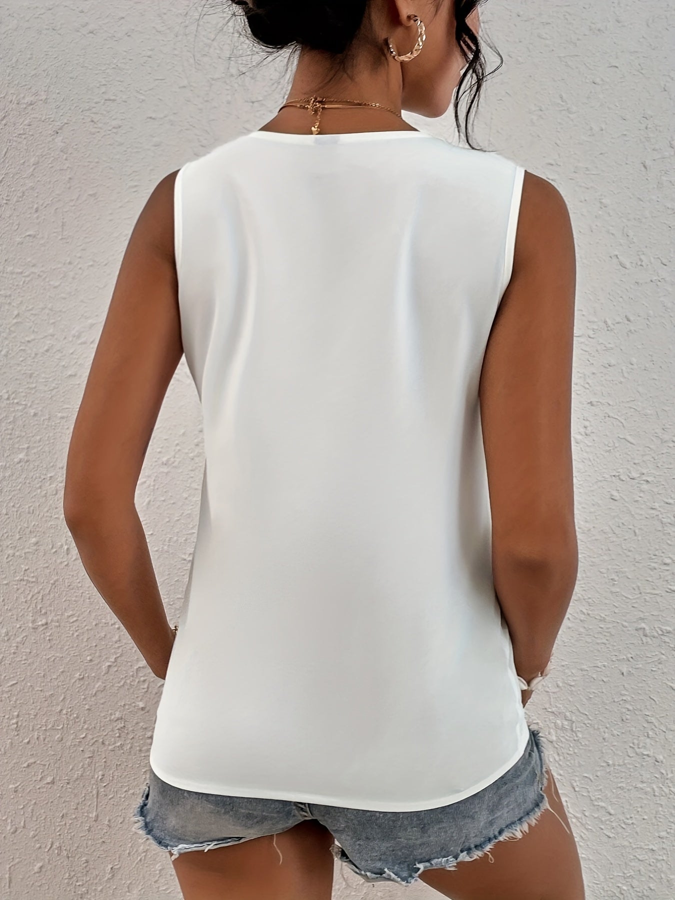 Guipure Lace Trim Tank Top V Neck Sleeveless Summer Top