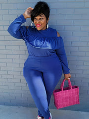 Ruffle Trim Cold Shoulder Top & Leggings Set