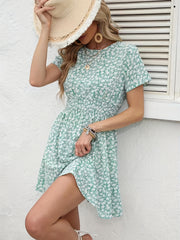 Floral Print Shirred Waist Dress Crew Neck Short Sleeve Dress