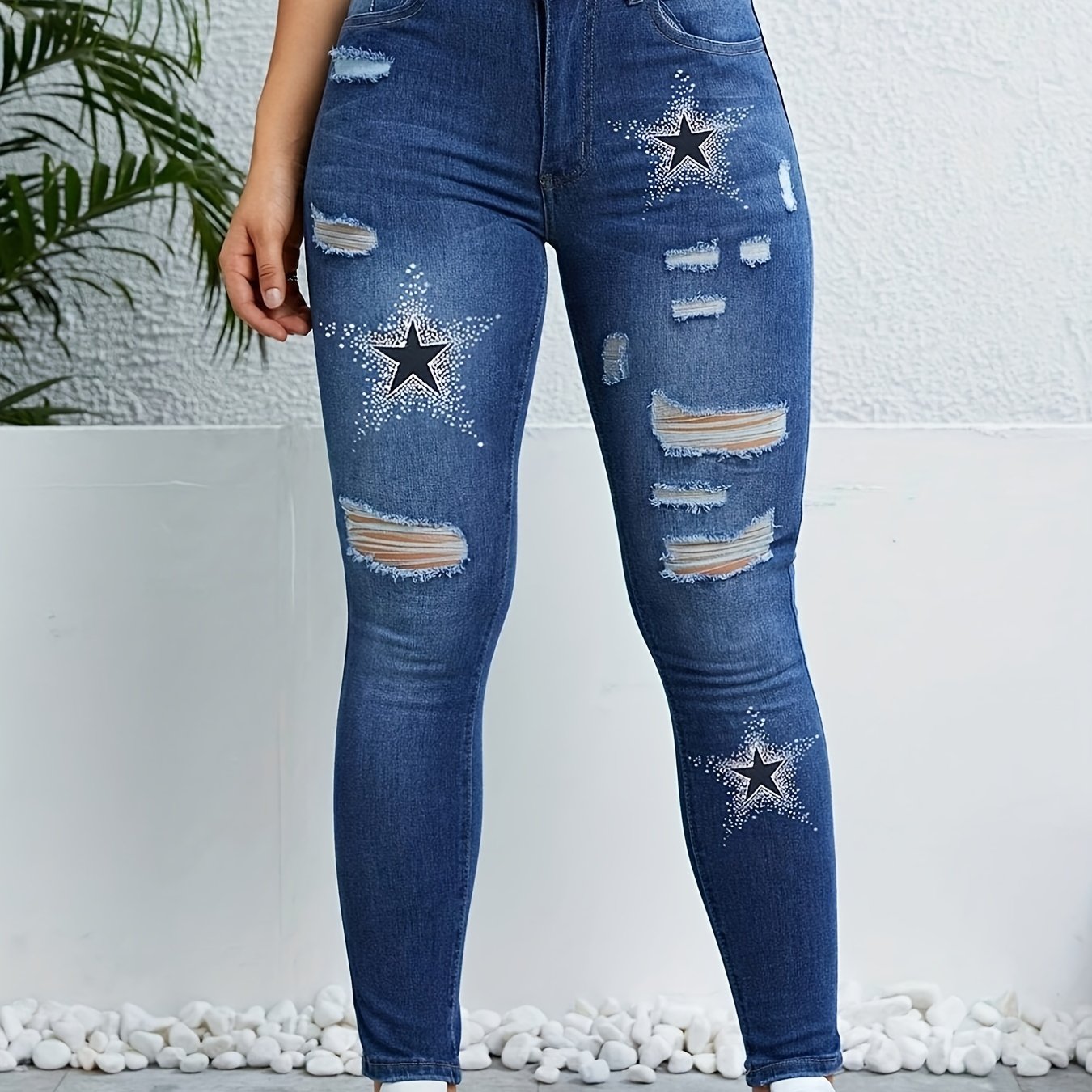 Star Pattern Ripped Holes Skinny Jeans Slim Fit