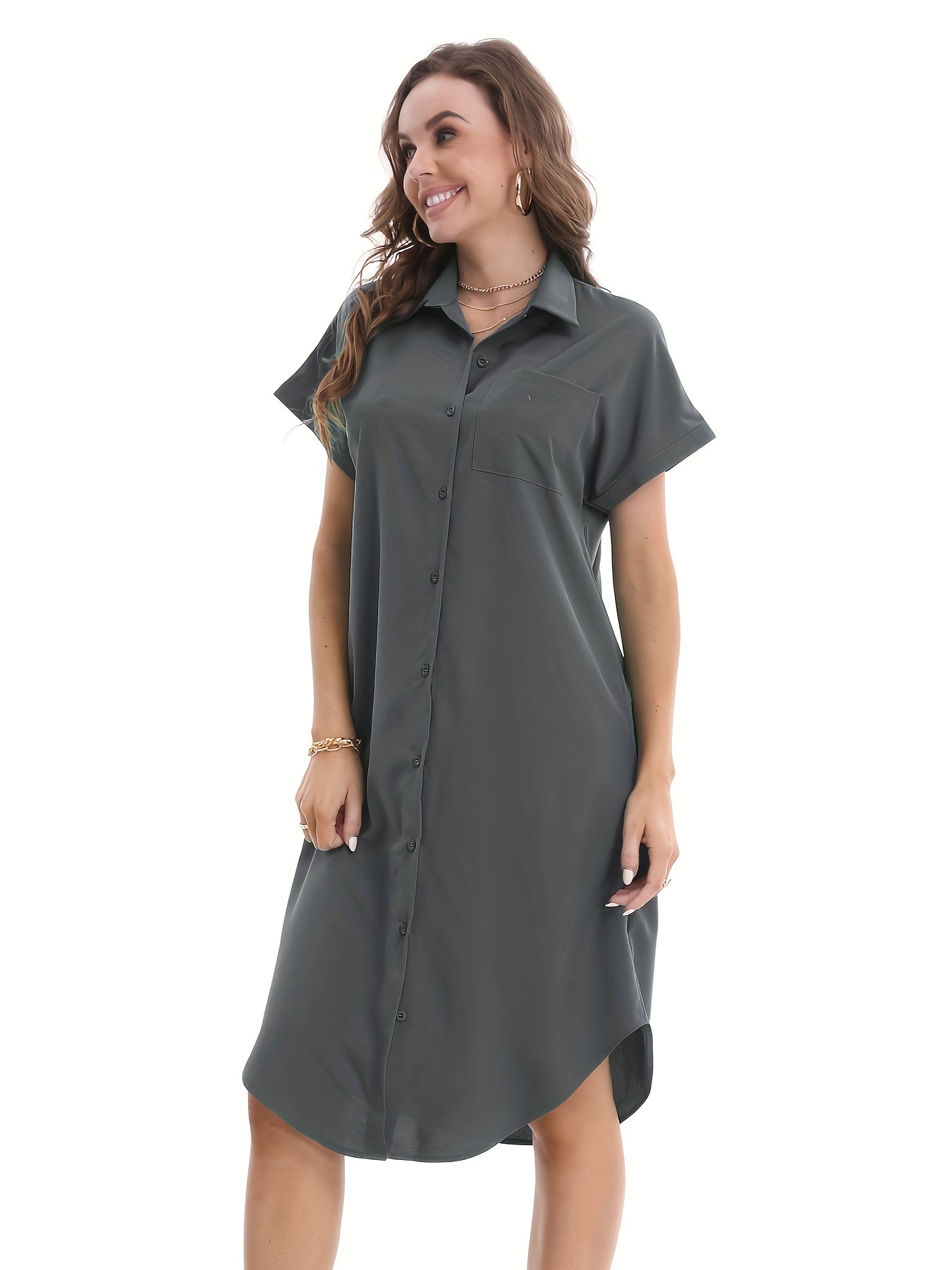 Button Front Shirt Dress Solid Short Sleeve Dress