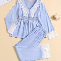Lace Pajama Set Top & Elastic Waistband Pants Women's Sleepwear