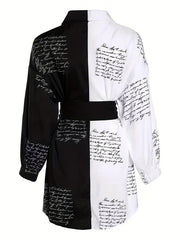 Women's Art Letter Print Shirt Dress With Belt