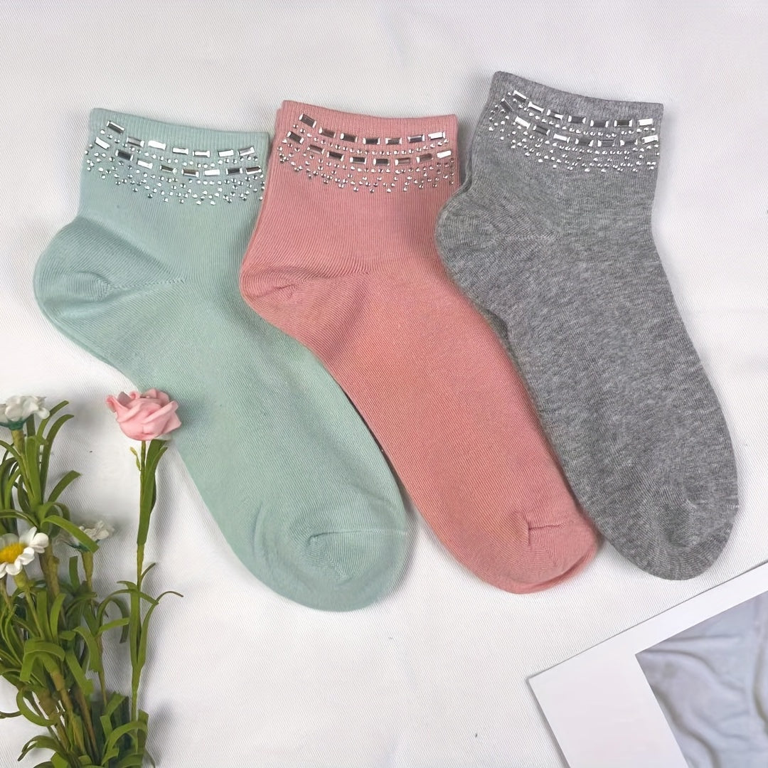 5 Pairs Rhinestone Crew Socks for Women - Comfy & Breathable Stockings