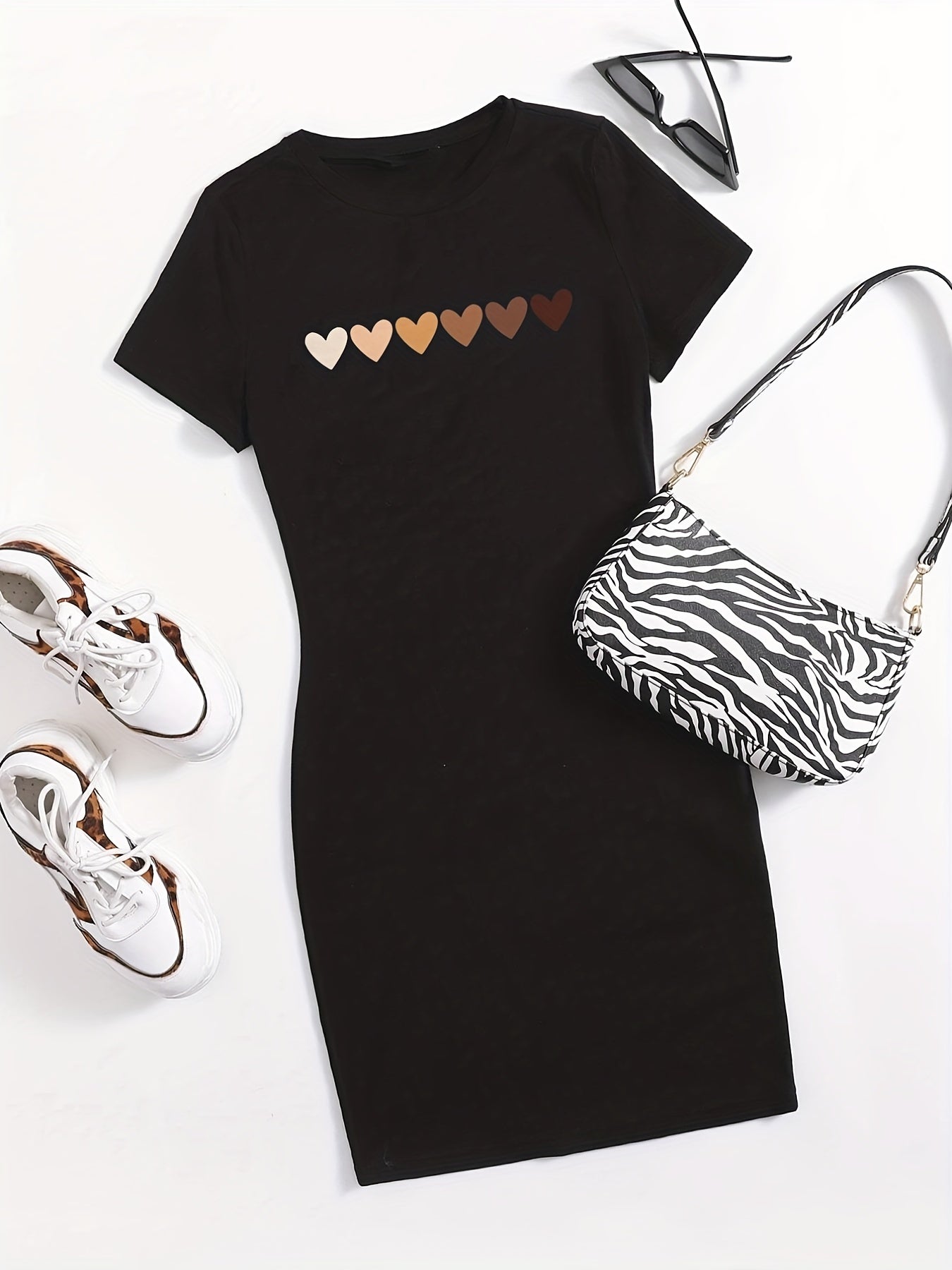 Heart Print Bodycon Dress Short Sleeve for Spring & Summer