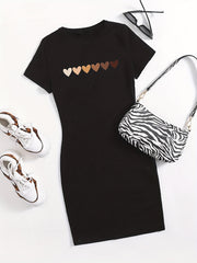 Heart Print Bodycon Dress Short Sleeve for Spring & Summer