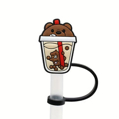12pcs Reusable Silicone Straw Cap Cartoon Drinking Straw Plugs