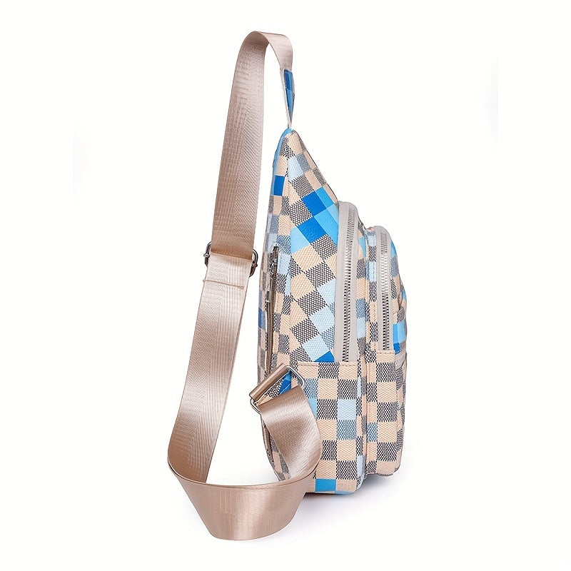 Plaid Pattern Sling Bag PU Leather Chest Purse Colorblock Crossbody Bag
