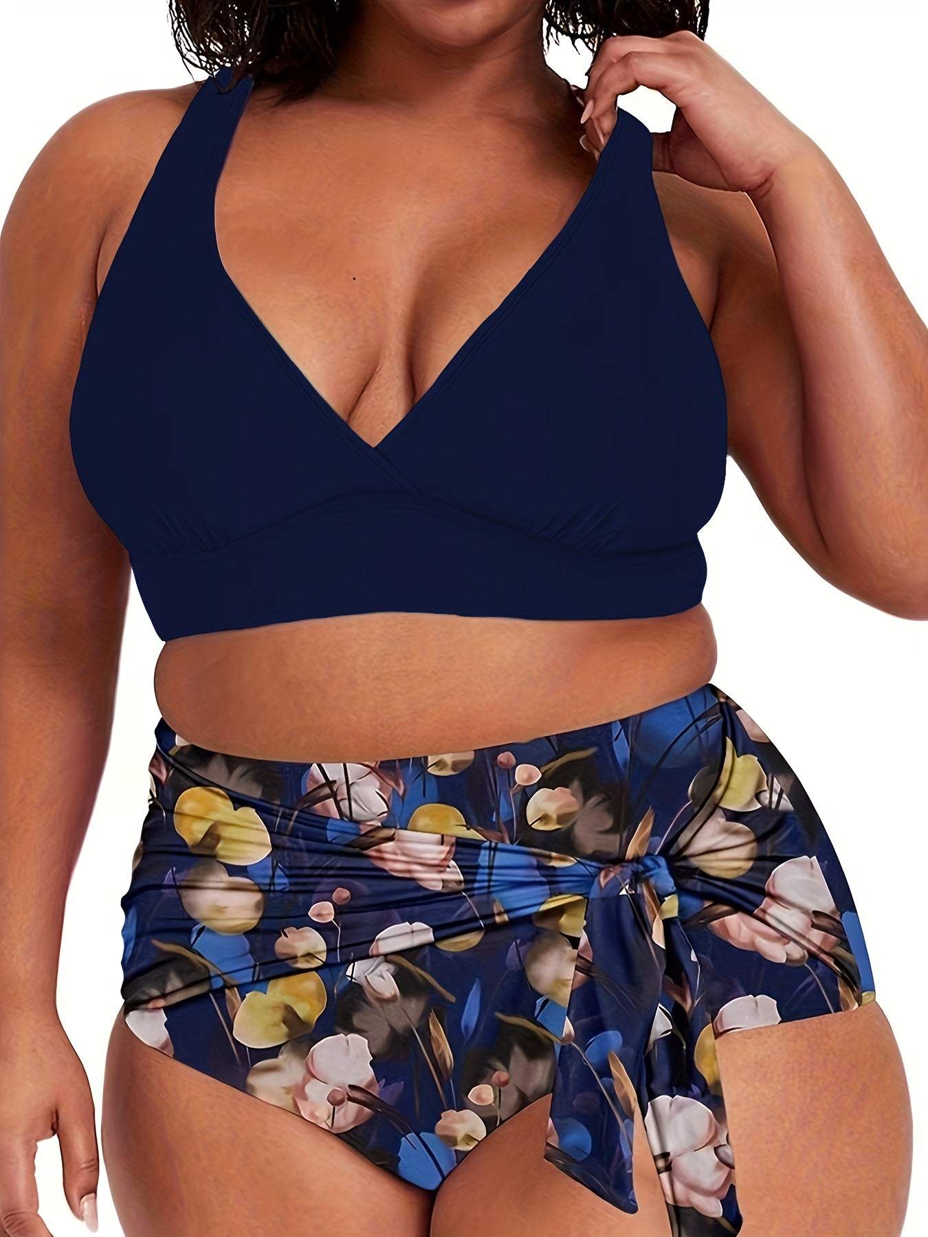 Solid Cross Back Lace Up V Neck Bikini Set