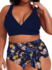 Solid Cross Back Lace Up V Neck Bikini Set