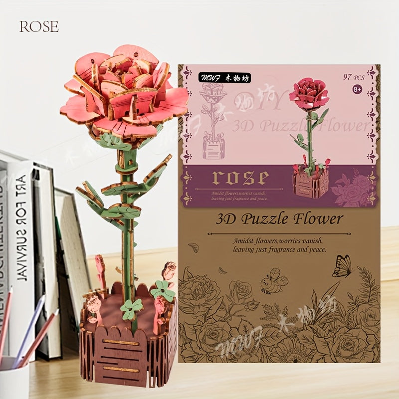 3D Rose Puzzle Wooden DIY Floral Model - No Electricity Needed