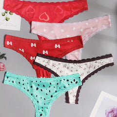 5 Pack Plus Size Women's Floral & Heart Print Lace Thongs Set
