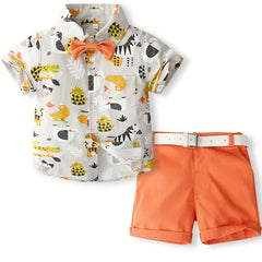 Boys Casual Outfit Animals Graphic Print Shirt&Shorts Set