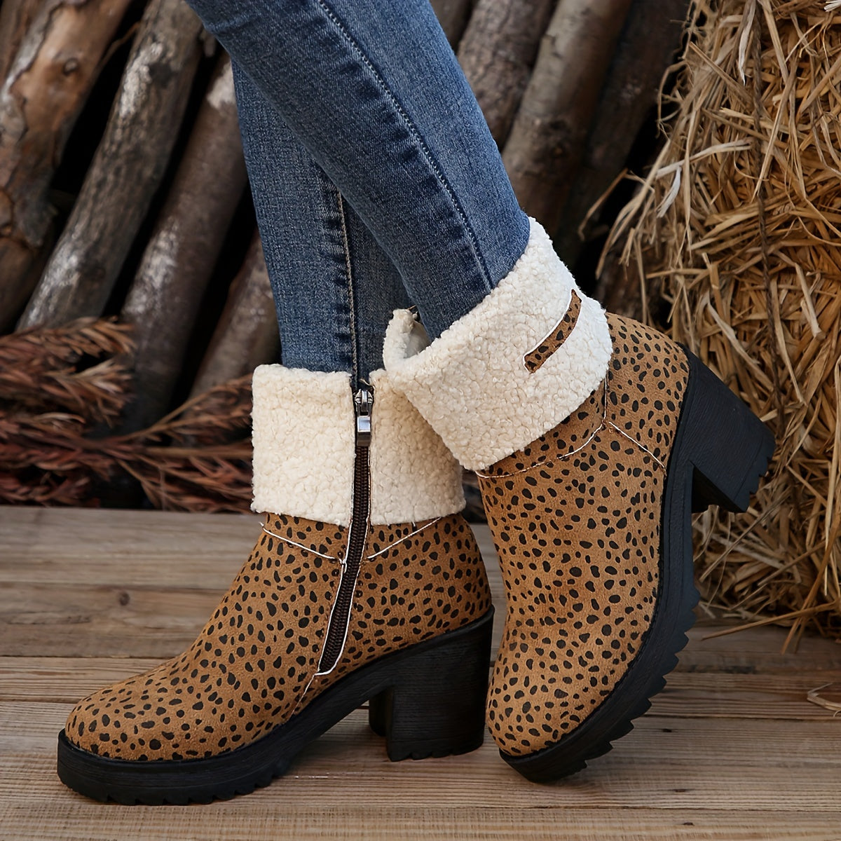 Leopard Print Winter Snow Boots Side Zipper Chunky Block Heel Ankle Boots
