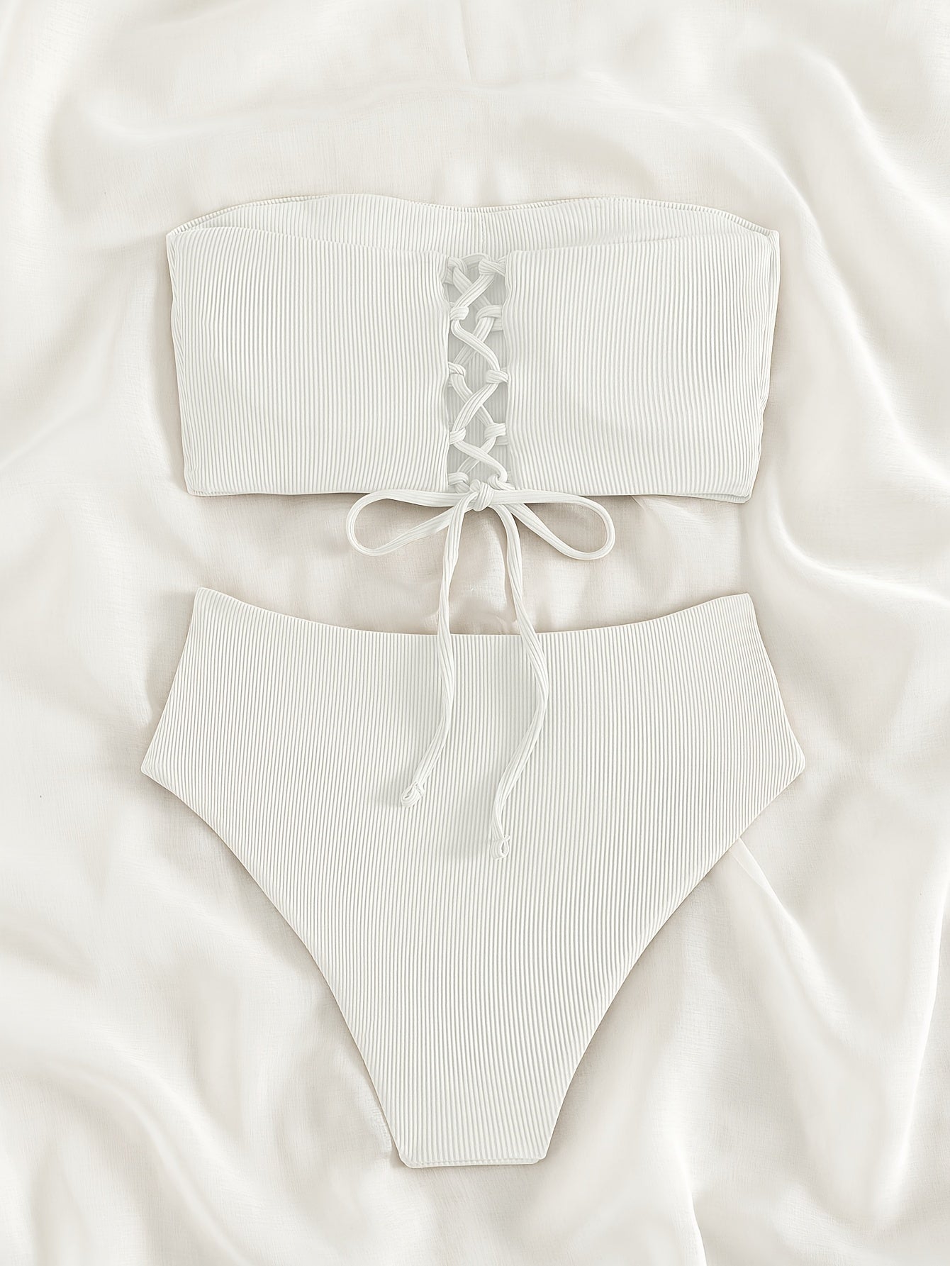 Rib Knit Bikini Set Bandeau Tube Top Tie Back High Cut Swimsuit