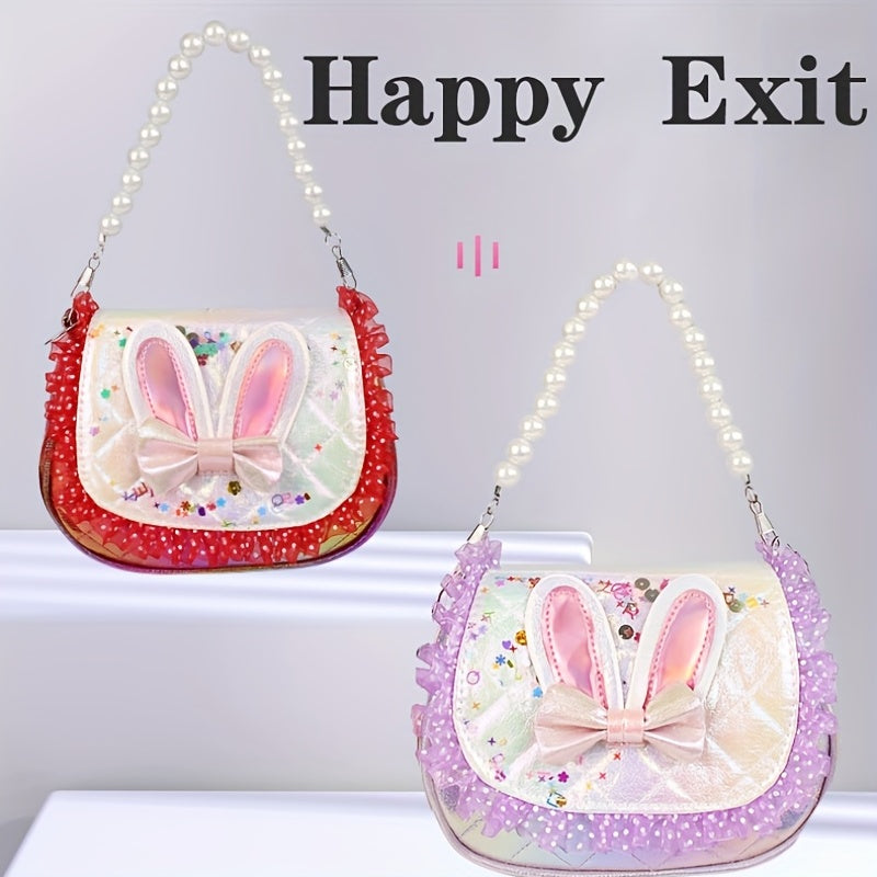 Sequin Rabbit Ears Handbag with Faux Pearl Handle for Girls